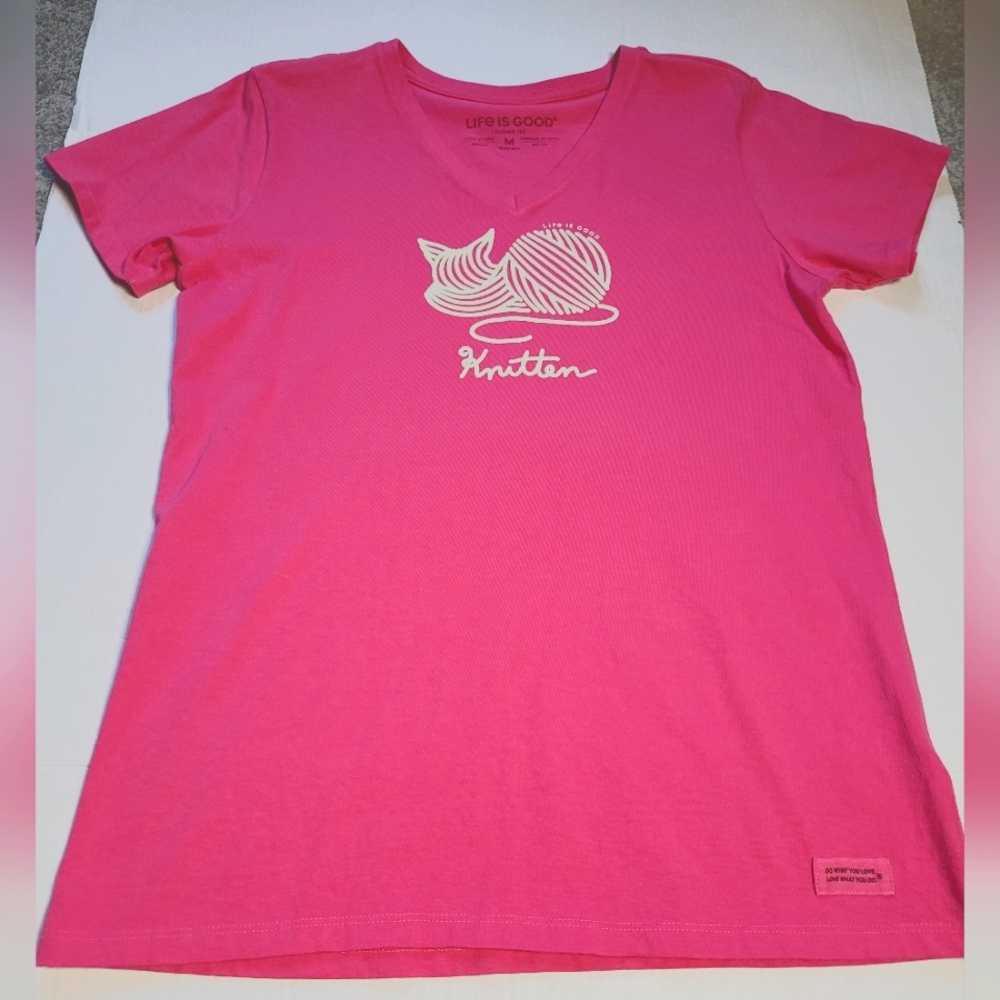 Adorable Knitten Kitten Life is Good Womens Crusher Tee Pink Medium
